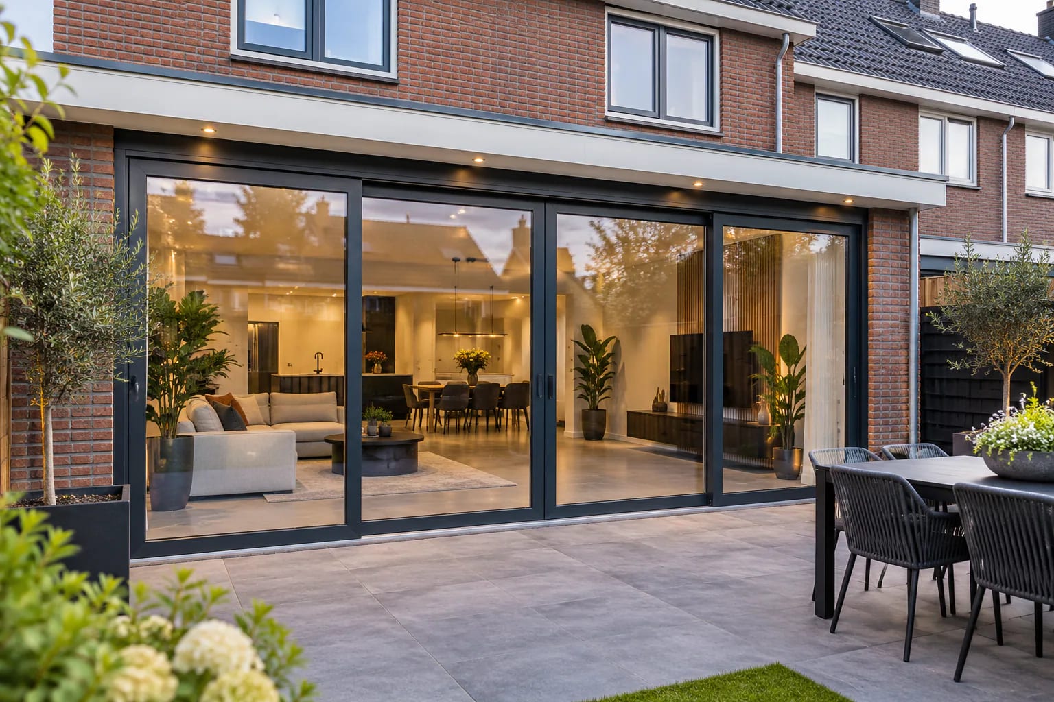 Vierdelige antraciet schuifpui in een bakstenen achtergevel, verlicht vanuit de woonkamer