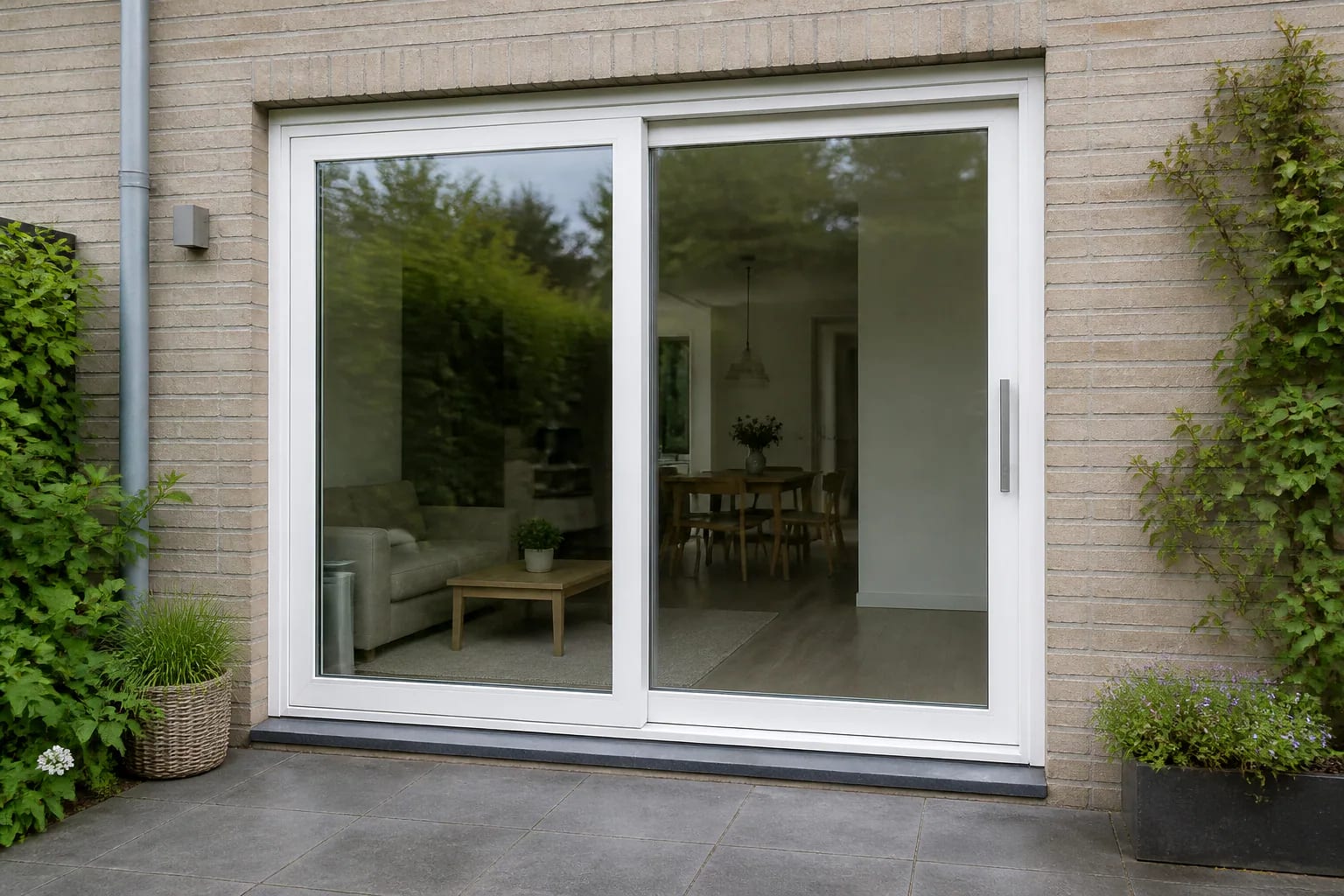 Tweedelige witte schuifpui in een bakstenen achtergevel, met zicht op woonkamer en terras