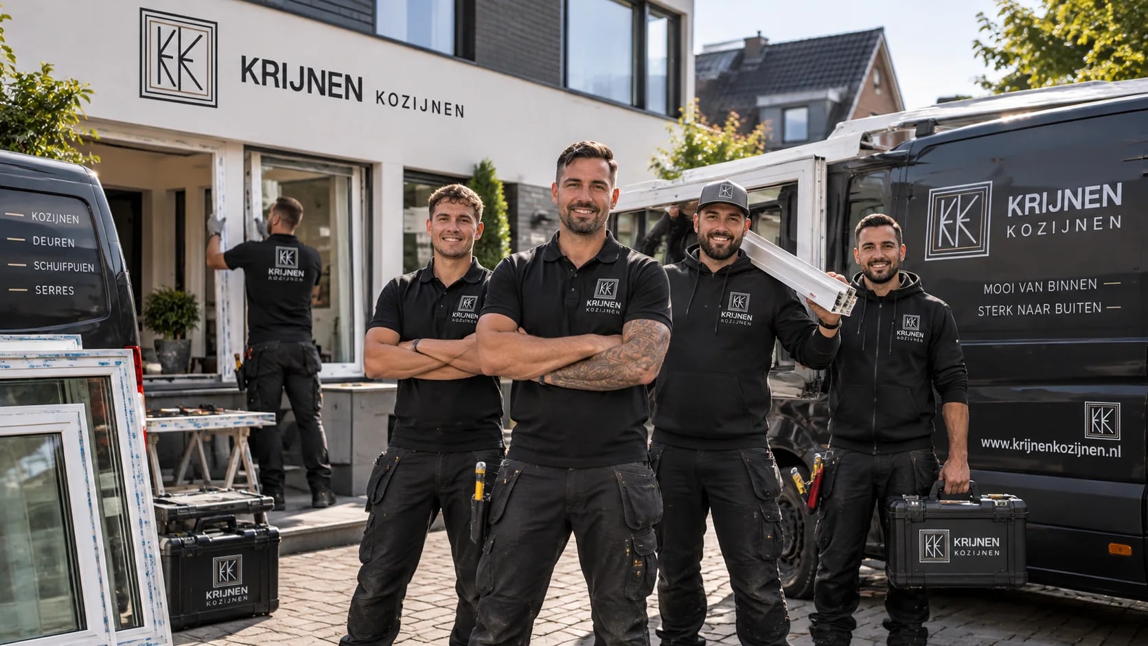 Het team van Krijnen Kozijnen bij de bedrijfsbussen en kozijnen, met branding op gevel en bus