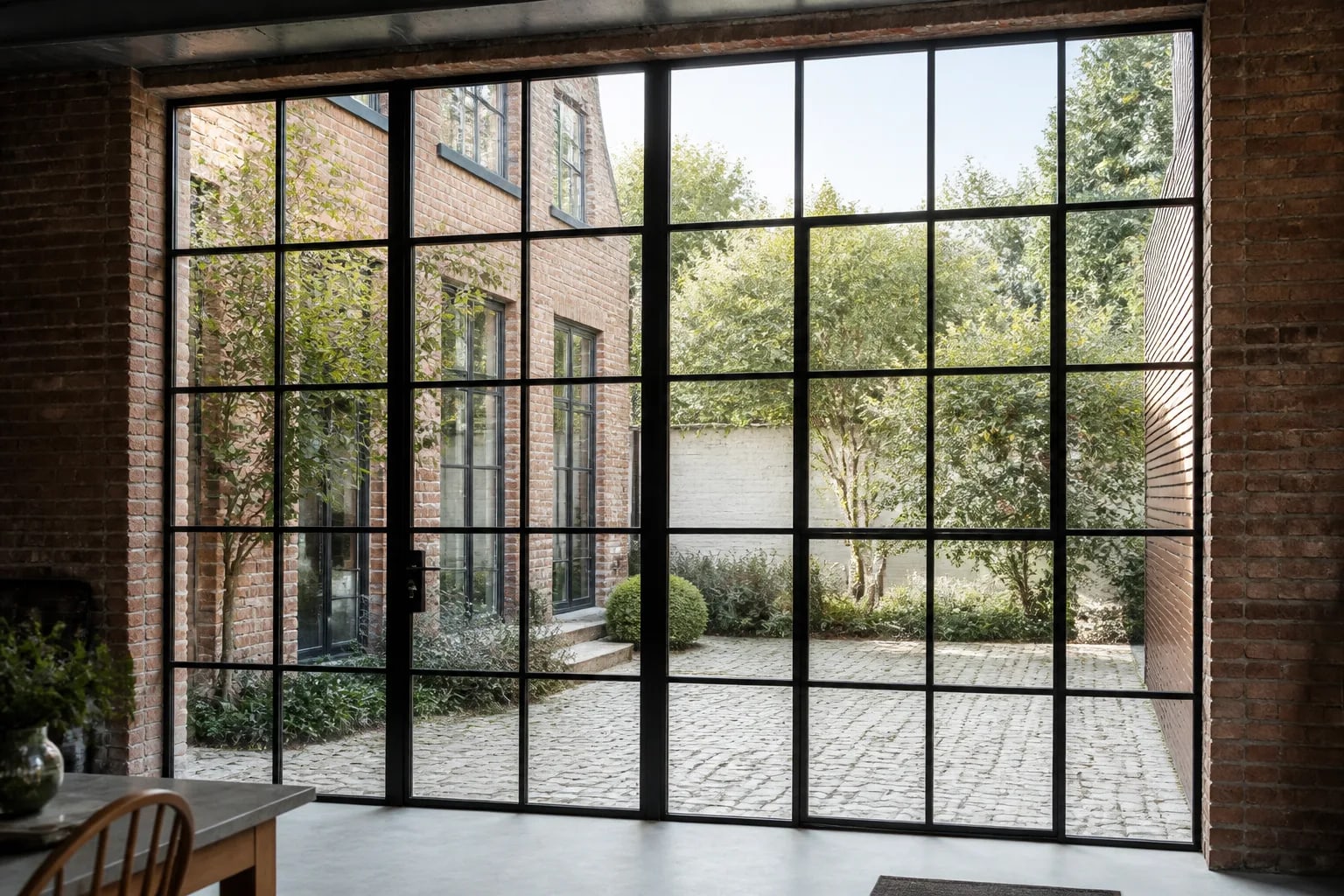 Staal-look glaswand met fijne kaders vanuit een bakstenen loft naar de binnenplaats