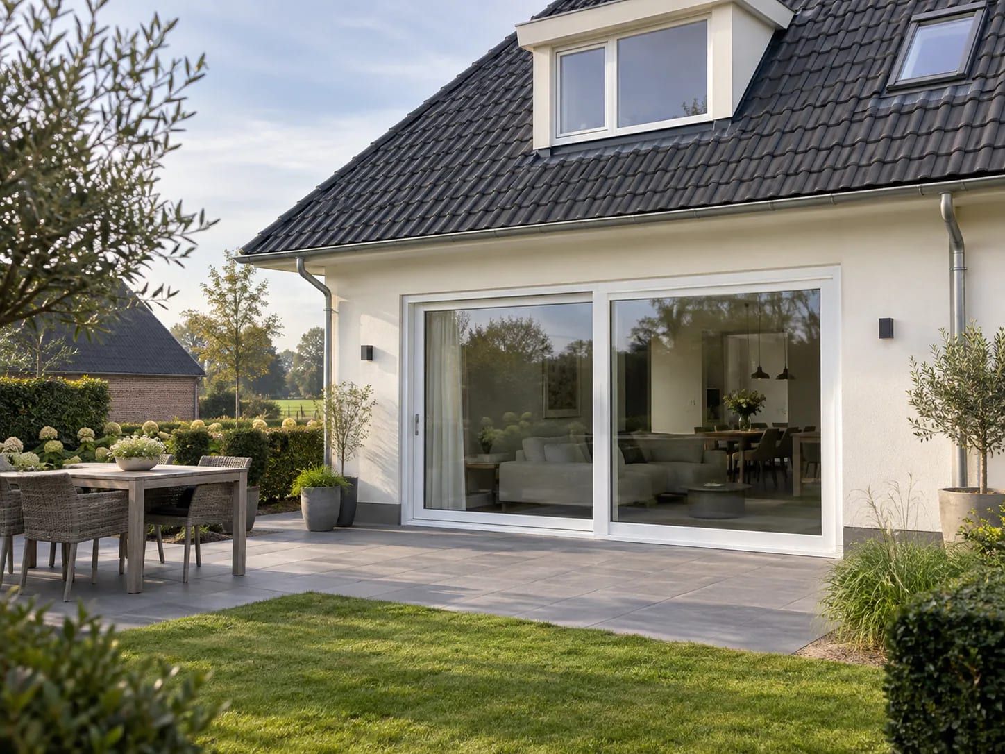 Tweedelige witte kunststof schuifpui in een gepleisterde achtergevel naar terras en tuin